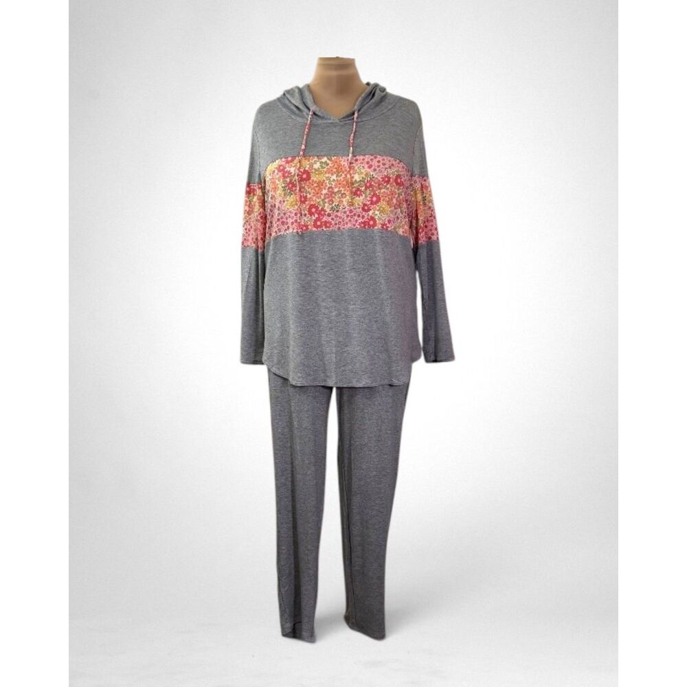 Story Teller Women's Grey and Floral Hoodie and Pants Set, Size 2X